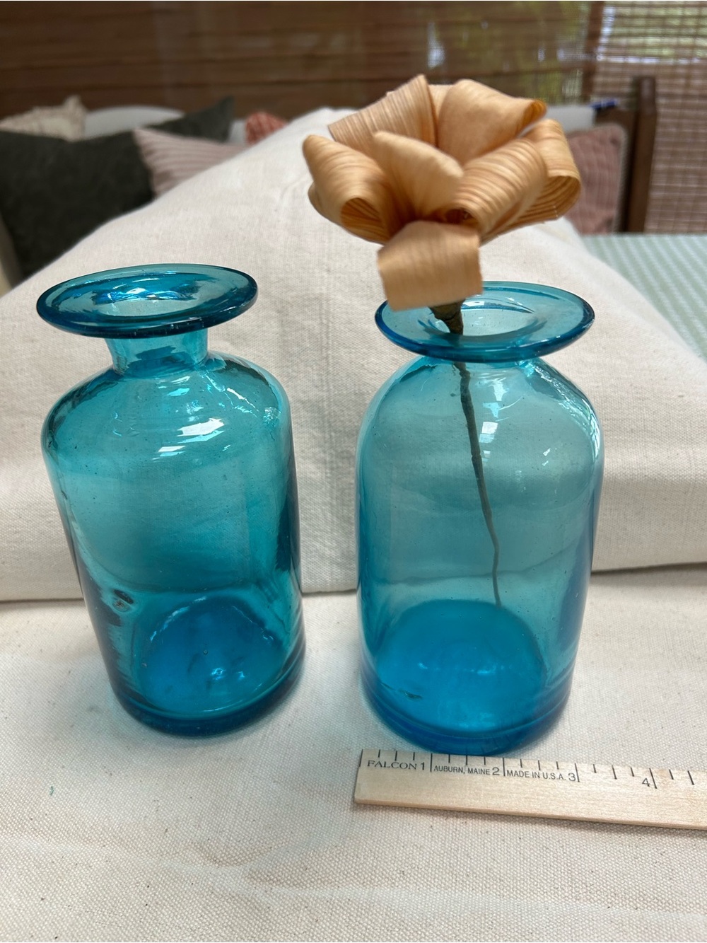 Handblown Mexican Gorgeous Blue Glass Bud Vases Set/2. Approx 6.5” h x 3” w.